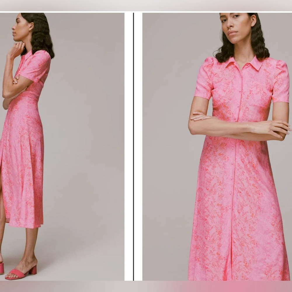 Whistles Robyn baroque-print woven midi shirt dress in pink/multi - Picture 1 of 13